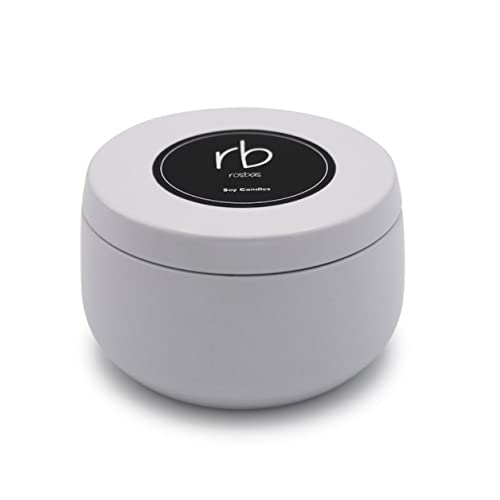 Rosbas Candle, Fraser Fir Scented, Natural Soy Wax, White Metallic Tin, 6 oz, Cotton Wick, Long Burn Time