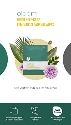 Oldam Feminine Flushable Wipes: 100% Vegan, pH-Balanced, Moisturizers & Essential Oils, Sensitive Skin
