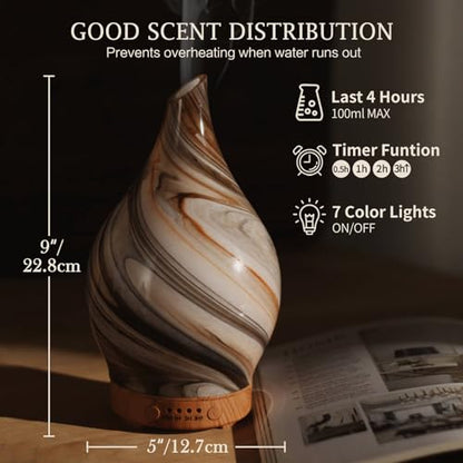 Porseme 100ml Glass Essential Oil Diffuser Aromatherapy Ultrasonic Cool Mist Humidifier 4 Running Hours