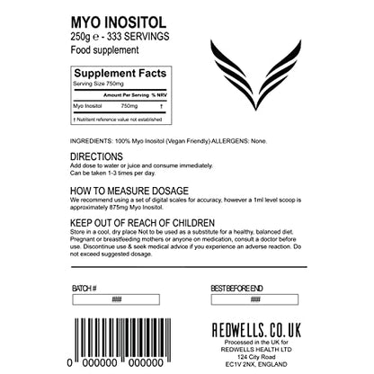 Myo Inositol Powder REDWELLS PCOS & Fertility GMO Free Vegan - 250g Pack