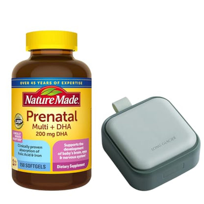 Nature Made Prenatal Multi + dha, 150 Count Softgels Bundle with Long Glacier Pill Oragnizer