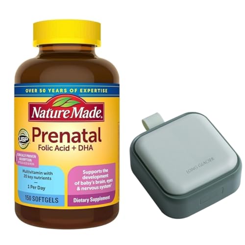 Nature Made Prenatal Multi + dha, 150 Count Softgels Bundle with Long Glacier Pill Oragnizer