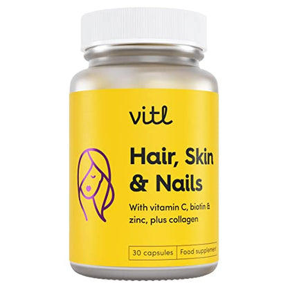 VITL Hair, Skin & Nails + Collagen, A dose of Classic Complexion Heroes Such as Collagen, Vitamin E, Biotin and Zinc - 30 Capsules