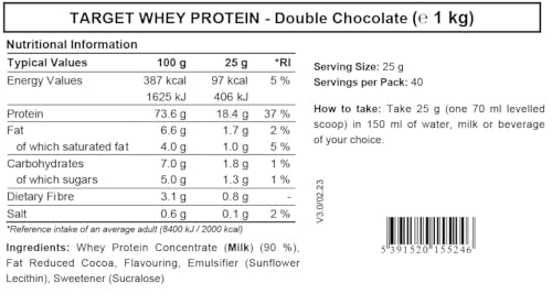 Whey Protein Powder - Double Chocolate - Target Whey Protein by ROS Nutrition - 1 Kg - 40 Servings