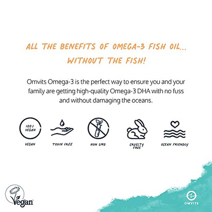 Omvits Vegan Omega 3 DHA from Algae Oil 1000mg - 60 Softgel Capsules with Vitamin E