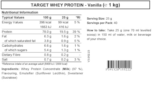 Whey Protein Powder - Vanilla - Target Whey Protein by ROS Nutrition - 1 Kg - 40 Servings