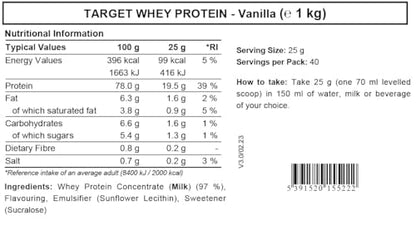 Whey Protein Powder - Vanilla - Target Whey Protein by ROS Nutrition - 1 Kg - 40 Servings