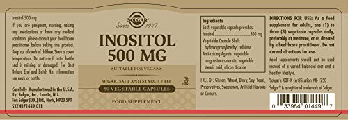 Solgar Inositol 500 mg Vegetable Capsules - Vitamin B8 - Vegan, Vegetarian, Kosher