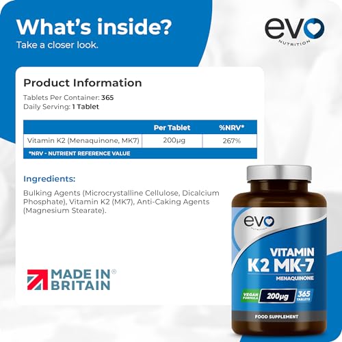 EVO NUTRITION Vitamin K2 MK-7 200mcg - 365 Vegetarian and Vegan Tablets
