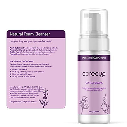 CareCup Menstrual Cup Cleaner - Unscented Foaming Sterilizer Wash for Silicone Period discs - Wipes Clean
