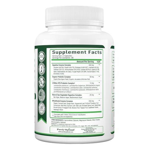Purely Optimal Premium Digestive Enzymes Plus Prebiotics & Probiotics - for Better Digestio