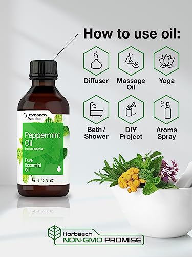 Horbaach Peppermint Oil - 2 fl oz - Pure Essential Spray - for Massage, Bath & Diffusers - Non-GMO