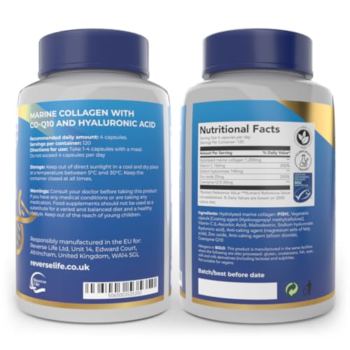 Reverse Life Marine Collagen Capsules 1200mg - with Hyaluronic Acid & Vitamin C + Q10