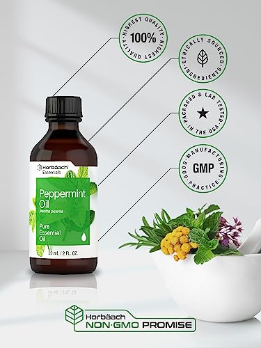 Horbaach Peppermint Oil - 2 fl oz - Pure Essential Spray - for Massage, Bath & Diffusers - Non-GMO