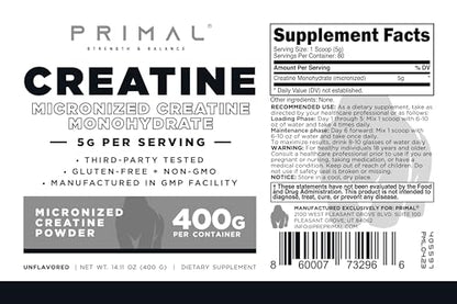 Primal Creatine Monohydrate Powder (400 Grams) - Unflavored Micronized Creatine