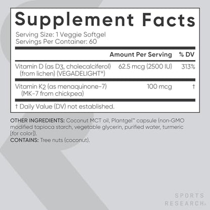 Sports Research Vitamin D3 K2 with Coconut MCT Oil - Vegan D3 2500iu (62.5mcg)