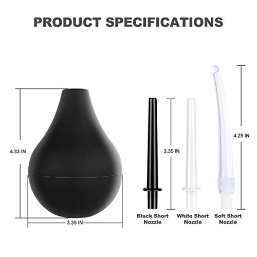 RANEU Enema Bulb Douche Enema Kit for Women & Men with 3 Nozzles (Black, 4 Piece Set)