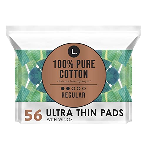 L. Pure Cotton Topsheet Pads for Women, Regular Absorbency, Ultra Thin Pads with Wings