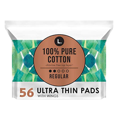 L. Pure Cotton Topsheet Pads for Women, Regular Absorbency, Ultra Thin Pads with Wings