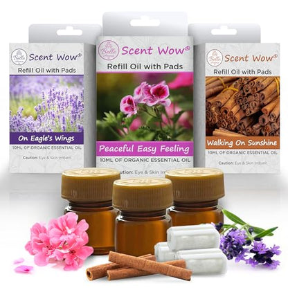 ScentWow® Aromatherapy Car Diffuser Refill Essential Oil Bundle with Three Refill Pads and 10ml Bottles