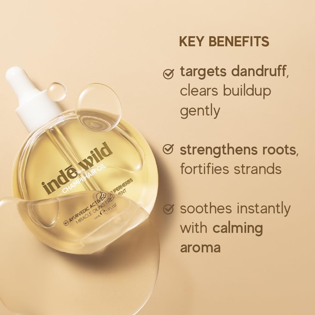 i'nde w'ild Champi Hair Oil (50 ml) with Brahmi, Amla, and Bhringraj - Ayurvedic Hair Growth Oil for Dandruff, Hairfall, & Thicker, Fuller Hair - 16+ Ayurvedic Actives - Calming Fragrance