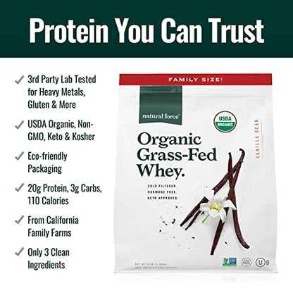Natural Force Grass Fed Organic Whey Protein Powder - Non GMO Verified, Humane
