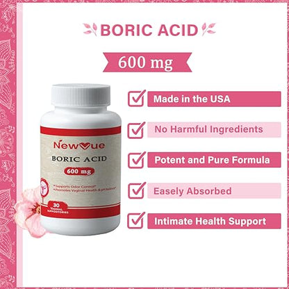 NewVue Boric Acid Vaginal Suppositories - 100% Pure Made in USA - Intimate Health Support (30 Count)