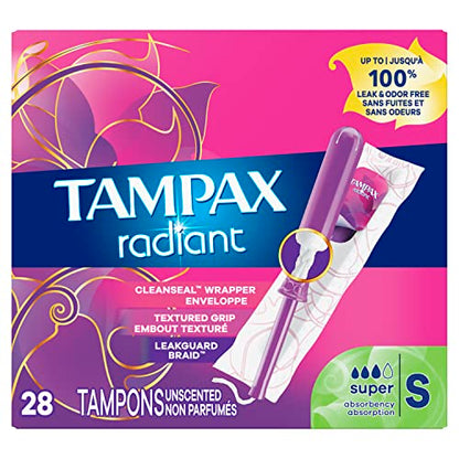 Tampax Radiant Tampons, Super Absorbency, With Leakguard Braid, Unscented, 28 Count