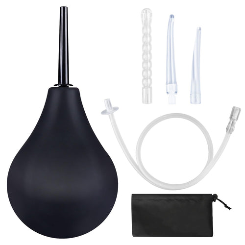 Enema Bulb 7.6oz Douche Enema Kit Includes 4 Nozzles for Women & Men Black with Storage Bag