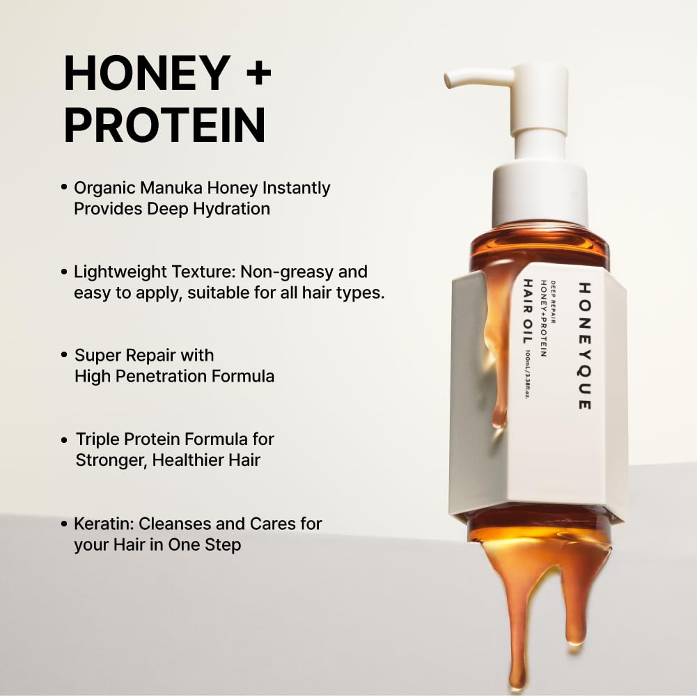 HONEYQUE Deep Repair Honey + Protein Hair Oil Extra Moist 100ml/3.38 fl. oz - Moisturizing 2-Way Hair Oil for Damaged, Frizzy Hair - With Manuka Honey, Keratin, Milk Protein - Japanese Hair Treatment