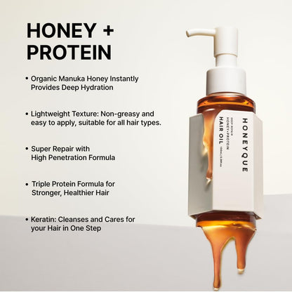 HONEYQUE Deep Repair Honey + Protein Hair Oil Extra Moist 100ml/3.38 fl. oz - Moisturizing 2-Way Hair Oil for Damaged, Frizzy Hair - With Manuka Honey, Keratin, Milk Protein - Japanese Hair Treatment