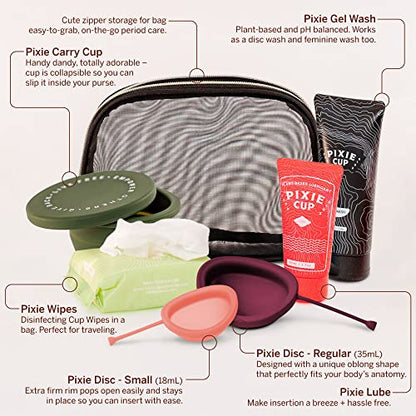 Pixie Menstrual Disc Kit - Best Period Disc Starter Kit - 2 Discs, 20 Wipes, Wash, Lube, Public Restroom