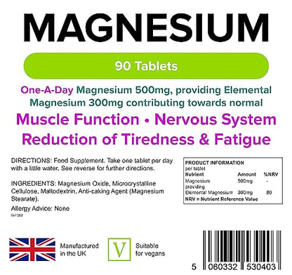 Lindens 500mg Magnesium Tablets - 90s 1-a-Day - Made in The UK - Tiredness, Muscle