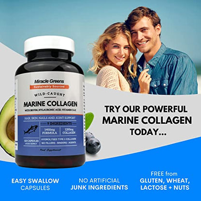 Marine Collagen 1400mg - 120 Capsules with Biotin, Hyaluronic Acid, Vitamin C, E, B2, Zinc, Copper & Iodine