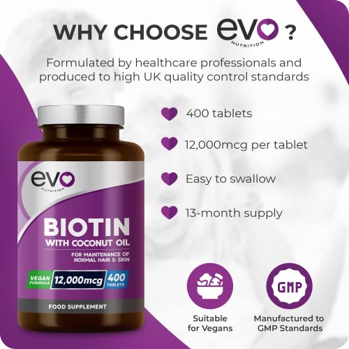 Biotin Hair Growth Supplement 12,000mcg with Coconut Oil - 400 High Strength Tablets