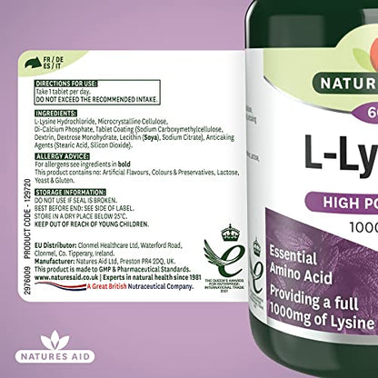 Natures Aid L-Lysine 1000 mg, High Potency Essential Amino Acid, Vegan, 60 Tablets