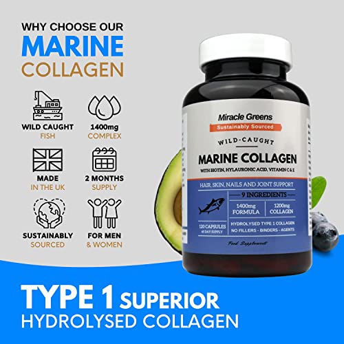 Marine Collagen 1400mg - 120 Capsules with Biotin, Hyaluronic Acid, Vitamin C, E, B2, Zinc, Copper & Iodine