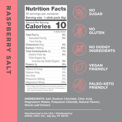 LMNT Zero-Sugar Electrolytes - Raspberry Salt - Hydration Powder Packets - No Dodgy