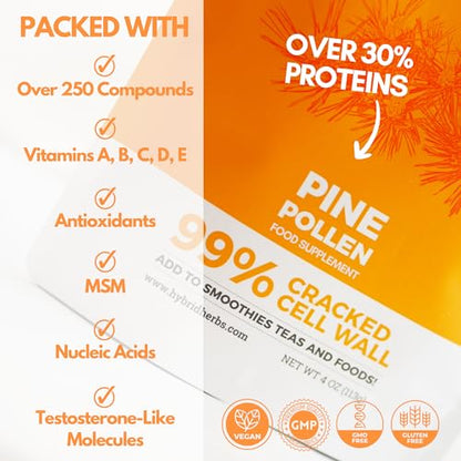HYBRID HERBS - PINE POLLEN - 99% Cracked Cell Wall Powder - Highly Bioavailable