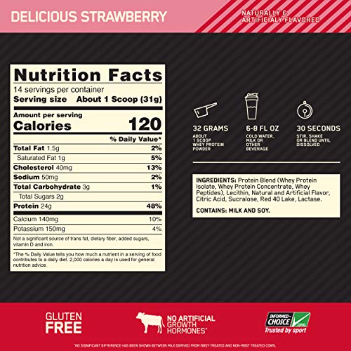 Optimum Nutrition Gold Standard 100% Whey Protein Powder, Strawberry, 1 Pound