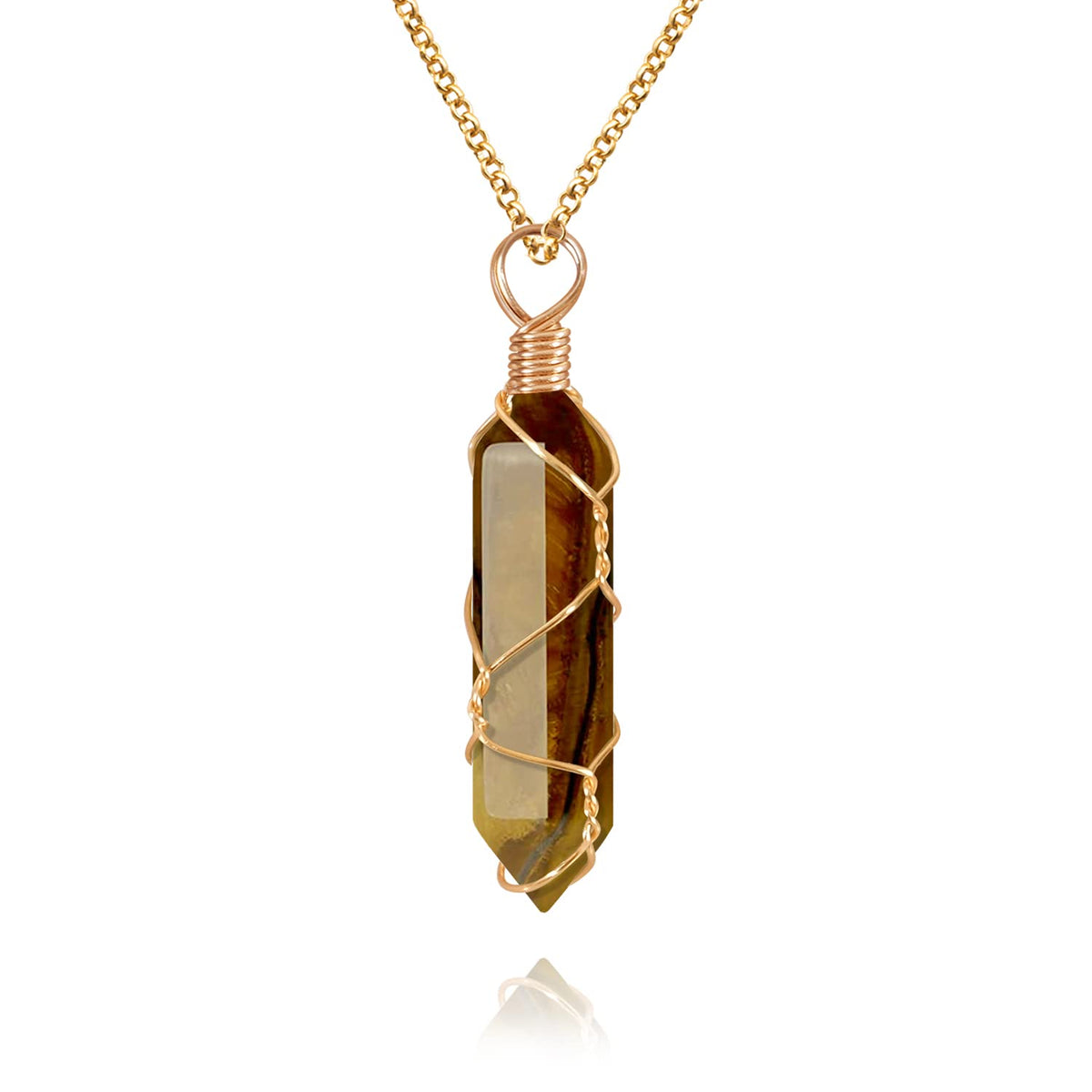 VIBILIA Healing Crystal Necklace Wire Wrapped Natural Tigerite Stone Point Pendant Necklace Hexagonal