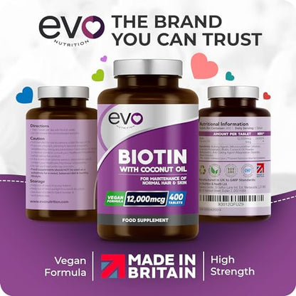 Biotin Hair Growth Supplement 12,000mcg with Coconut Oil - 400 High Strength Tablets