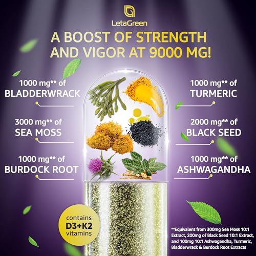 LetaGreen Irish Sea Moss Capsules - 120 Wildcrafted Sea Moss Pills with Black Seed Oil