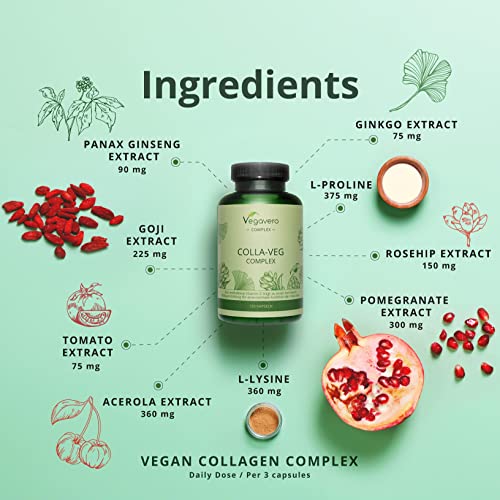 Vegavero Vegan Collagen Supplement - 2000mg - Complex with L-Lysine, L-Proline, Vitamin C (Acerola) & Superfoods Extracts - NO Additives, Lab-Tested - 120 Capsules