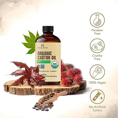 Botanic Hearth Castor Oil - USDA Certified Organic - 100% Pure & Hexane Free - Cold Pressed - Growth