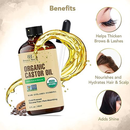 Botanic Hearth Castor Oil - USDA Certified Organic - 100% Pure & Hexane Free - Cold Pressed - Growth