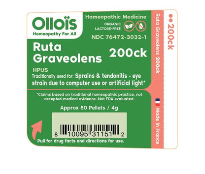 OLLOIS Ruta Graveolens 200ck Organic, Lactose-Free, Kosher Homeopathic Medicine, 80 Pellets
