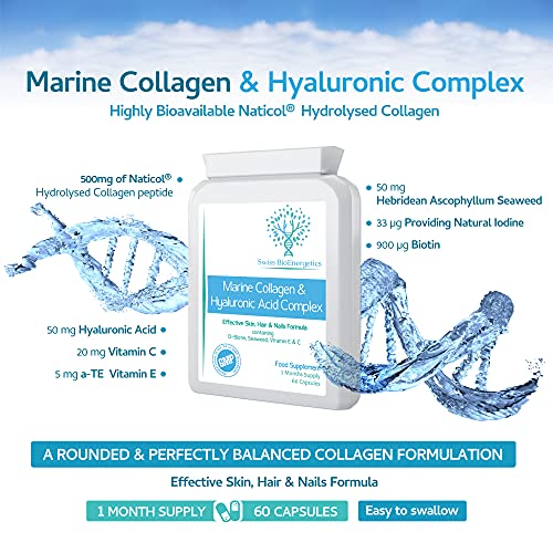 Marine Collagen & Hyaluronic Acid Complex - 60 Capsules - 500mg of Highly Bioavailable Naticol Hydrolysed Collagen