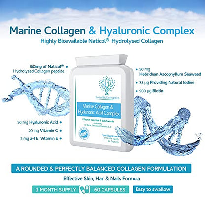 Marine Collagen & Hyaluronic Acid Complex - 60 Capsules - 500mg of Highly Bioavailable Naticol Hydrolysed Collagen