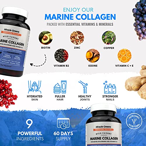 Marine Collagen 1400mg - 120 Capsules with Biotin, Hyaluronic Acid, Vitamin C, E, B2, Zinc, Copper & Iodine